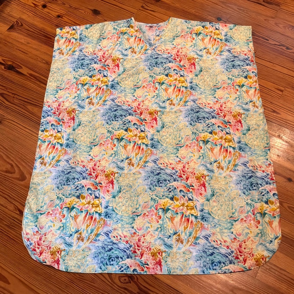 Winlar Kaftan Lounger OS Watercolor Floral Print V-Neck Art to Wear Artsy EUC